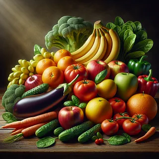 Realistic image of fresh fruits and vegetables